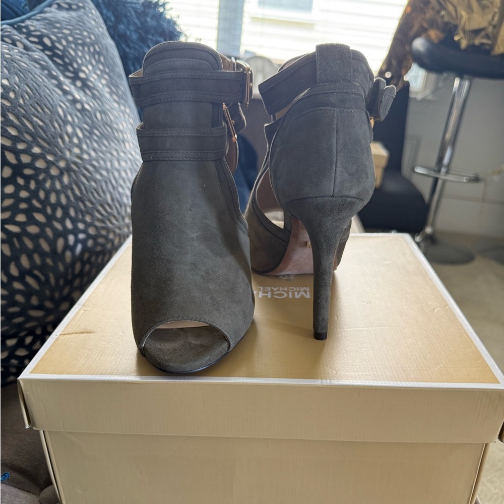 Michael Kors Blaze Open-Toe Suede High-Heel Booties Brown Olive Green Sz. 7.5 - Picture 2 of 7